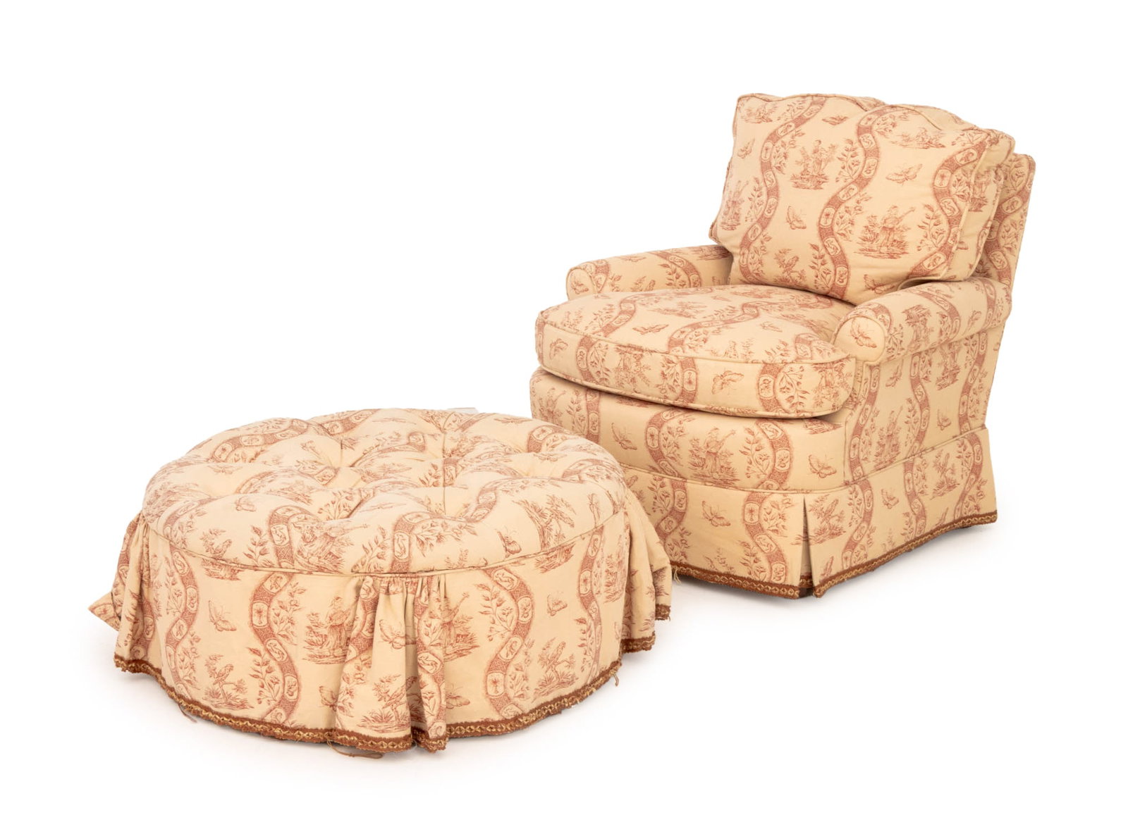 Toile de Jouy Upholstered Club Chair and Ottoman: Toile de Jouy Upholstered Club Chair and Ottoman. Chair: 32" H x 27" W x 30" D; seat: 17.75" H; ottoman: 13.5" H x 30" Diameter. Provenance: The Estate of Gilbert C. Maurer, Director and Former COO