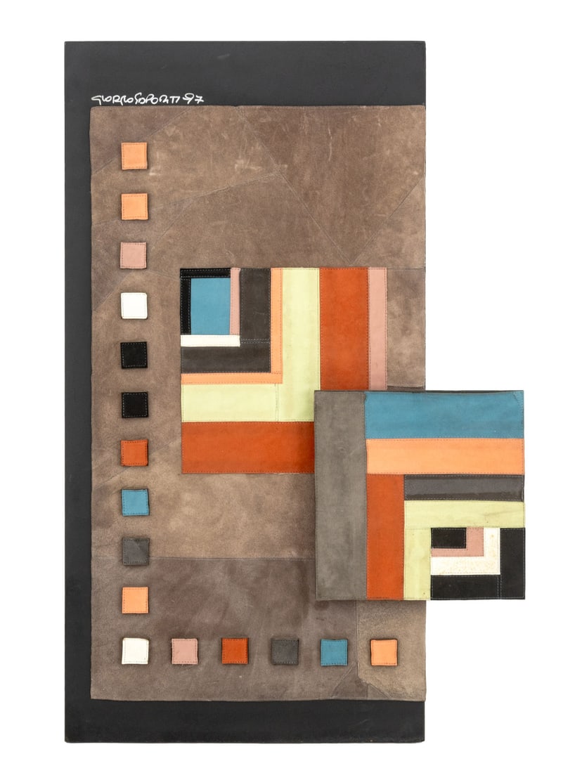 Giorgio Saporiti Geometric Suede Tapestry, 1997: Giorgio Saporiti (Italian, XX-XXI) Geometric Suede Tapestry, with square relief element, 1997, signed and dated upper left, mounted on ebonized wood panel. Image: 45.5" H x 33" W; overall: 53.75" H x