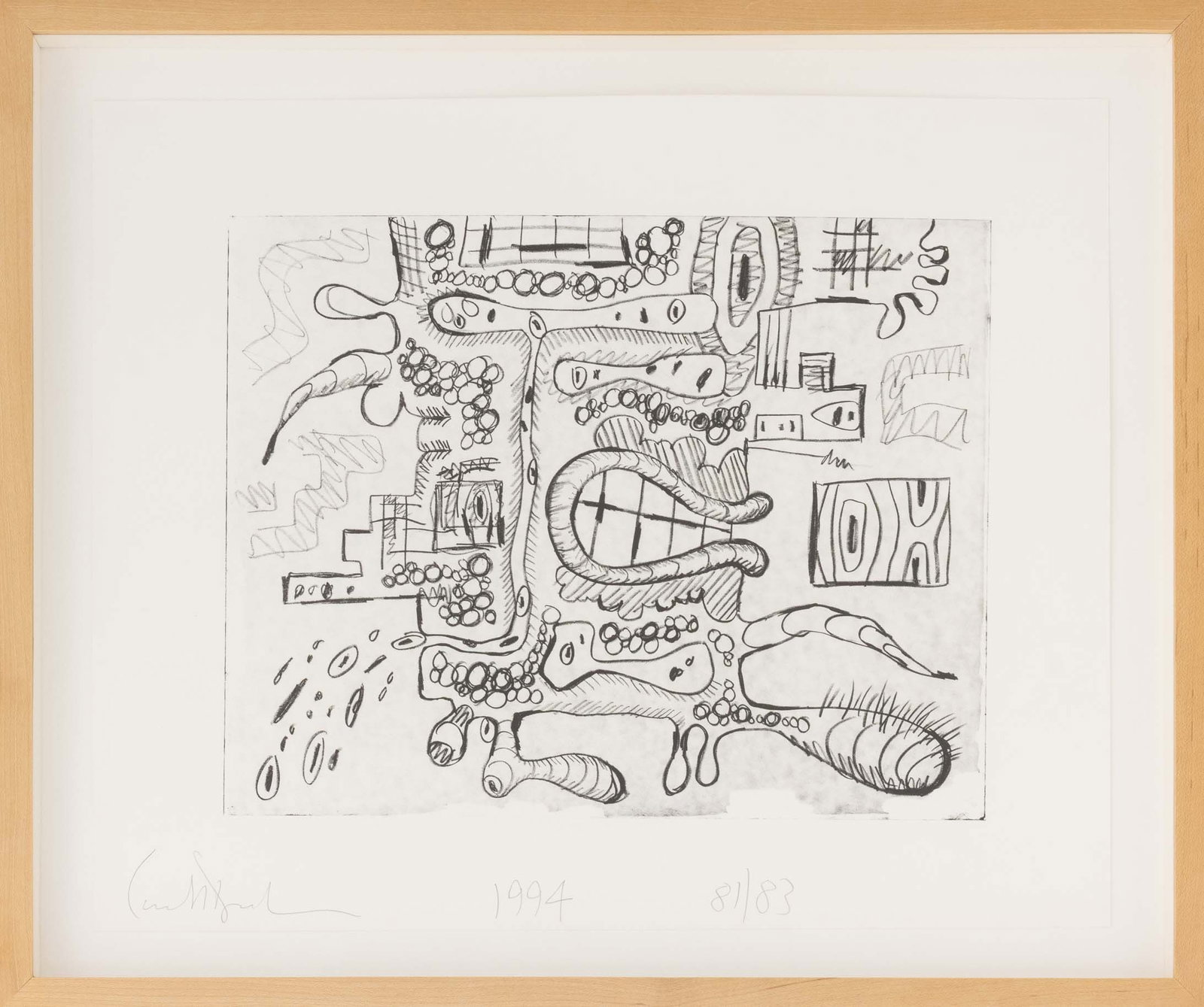 Carroll Dunham Abstraction Lithograph, 1994: Carroll Dunham (American, b. 1949), Abstract Composition, Lithograph on Zerkall Paper, 1994, signed in pencil lower left, dated lower center, numbered edition "81/83" lower right, published by The