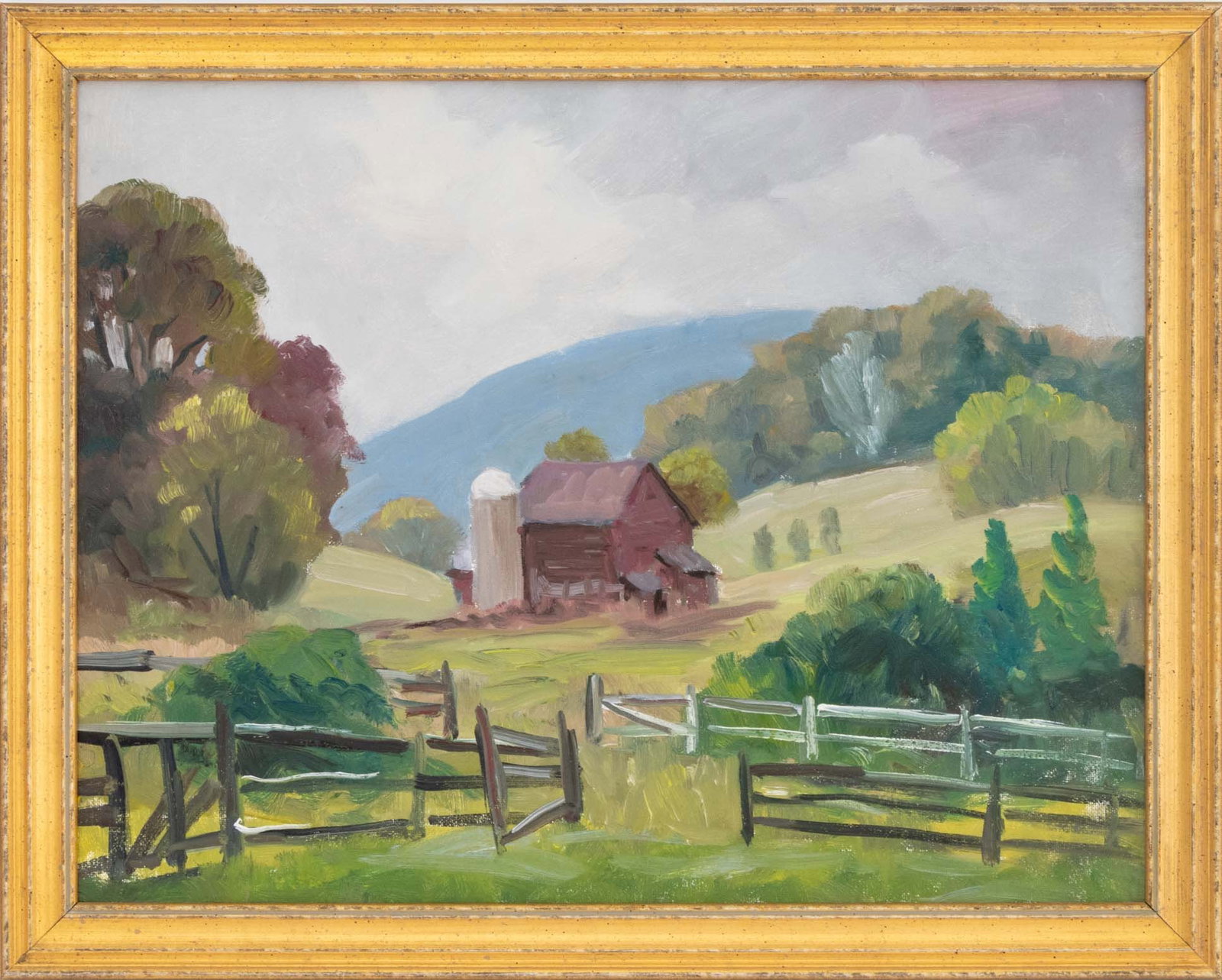 George Holloway Red Barn Landscape Oil, 1983: George Holloway (American, XX-XXI), Red Barn Landscape Scene, Oil on Canvas Panel, 1983, signed verso with inscription to Al from his family, giltwood frame. Image: 13.25" H x 17.25" W; frame: 16" H x