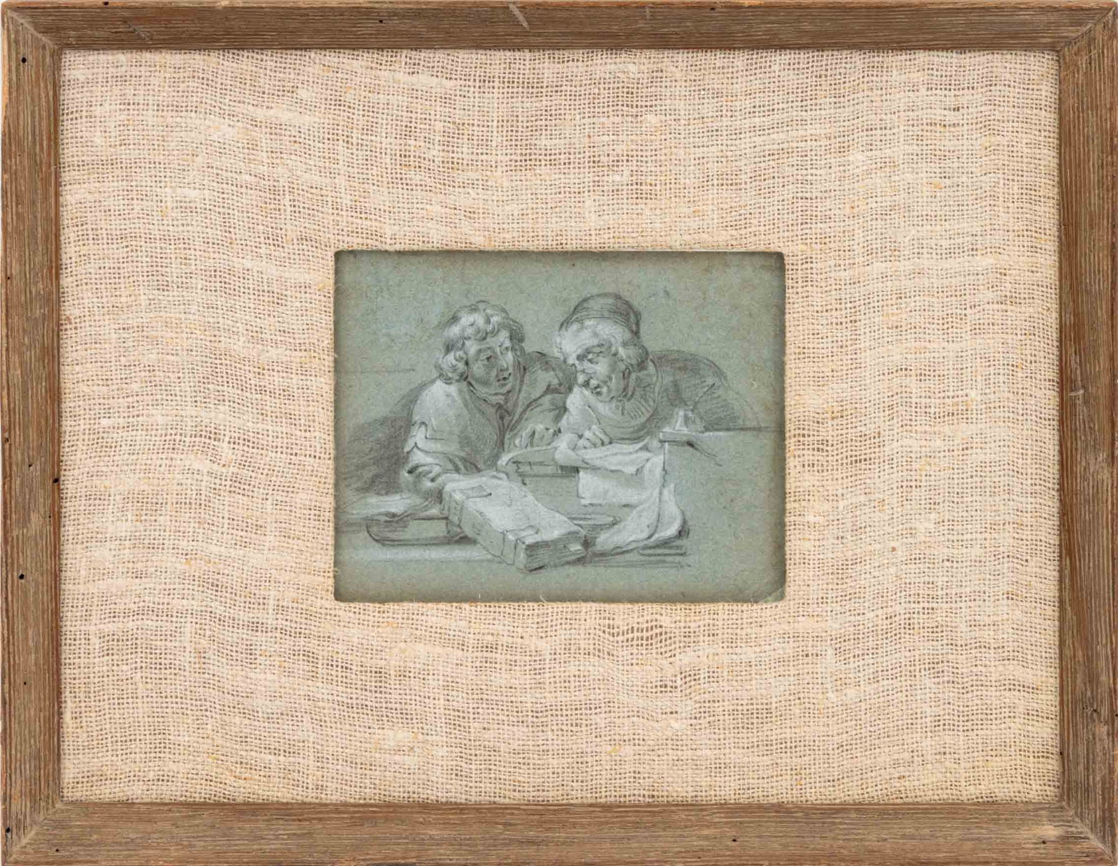 Old Master Scene of Two Scholars Graphite, 18th C.: Continental School, Old Master Scene of Two Scholars, Graphite on Blue Laid Paper with White Gouache Highlights, 18th century, distressed wood frame. Image: 5.5" H x 7" W; frame: 13.25" H x 17.25" W
