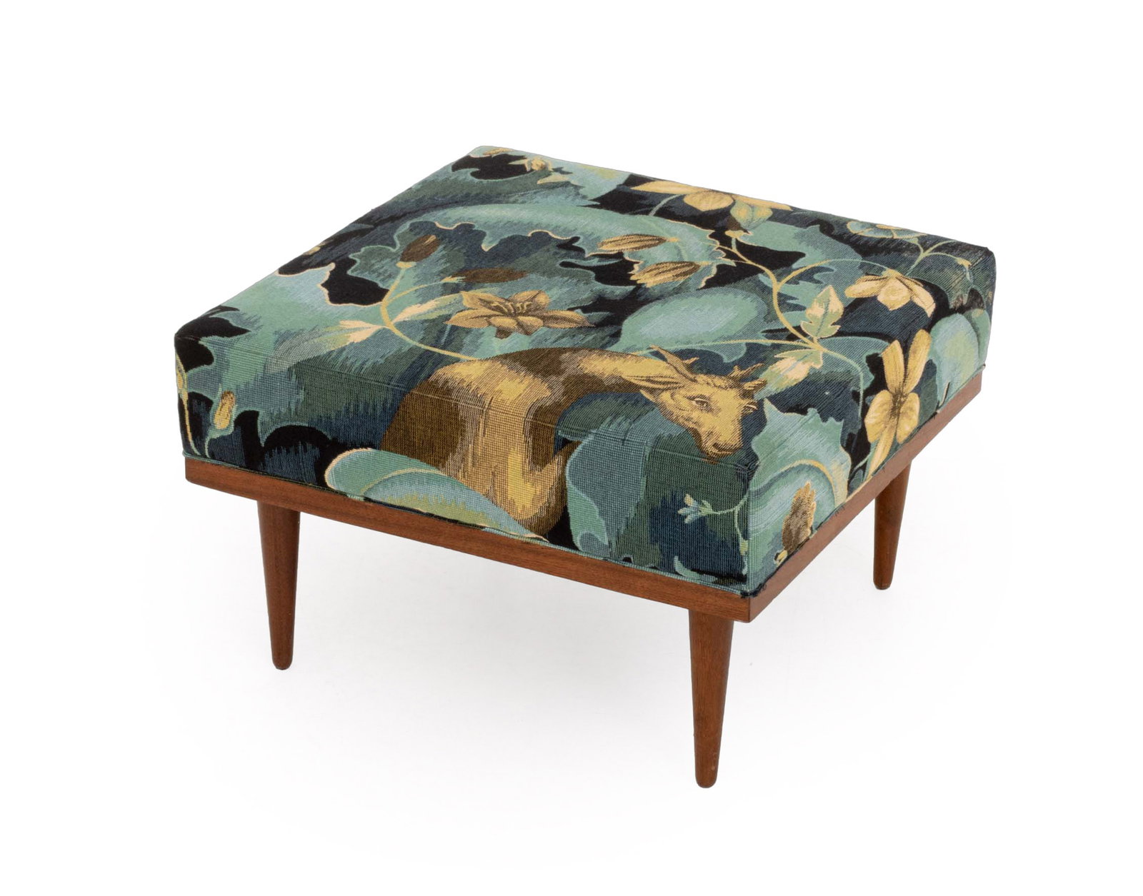 Modern "Doe-Run" Chenille Upholstered Ottoman: Modern "Doe-Run" Pattern Woven Chenille Upholstered Ottoman, on walnut base and four tapered legs. 14" H x 22.75" W x 22.25" D. Provenance: From a Tribeca, New York Collection. Keywords: Vintage Furni