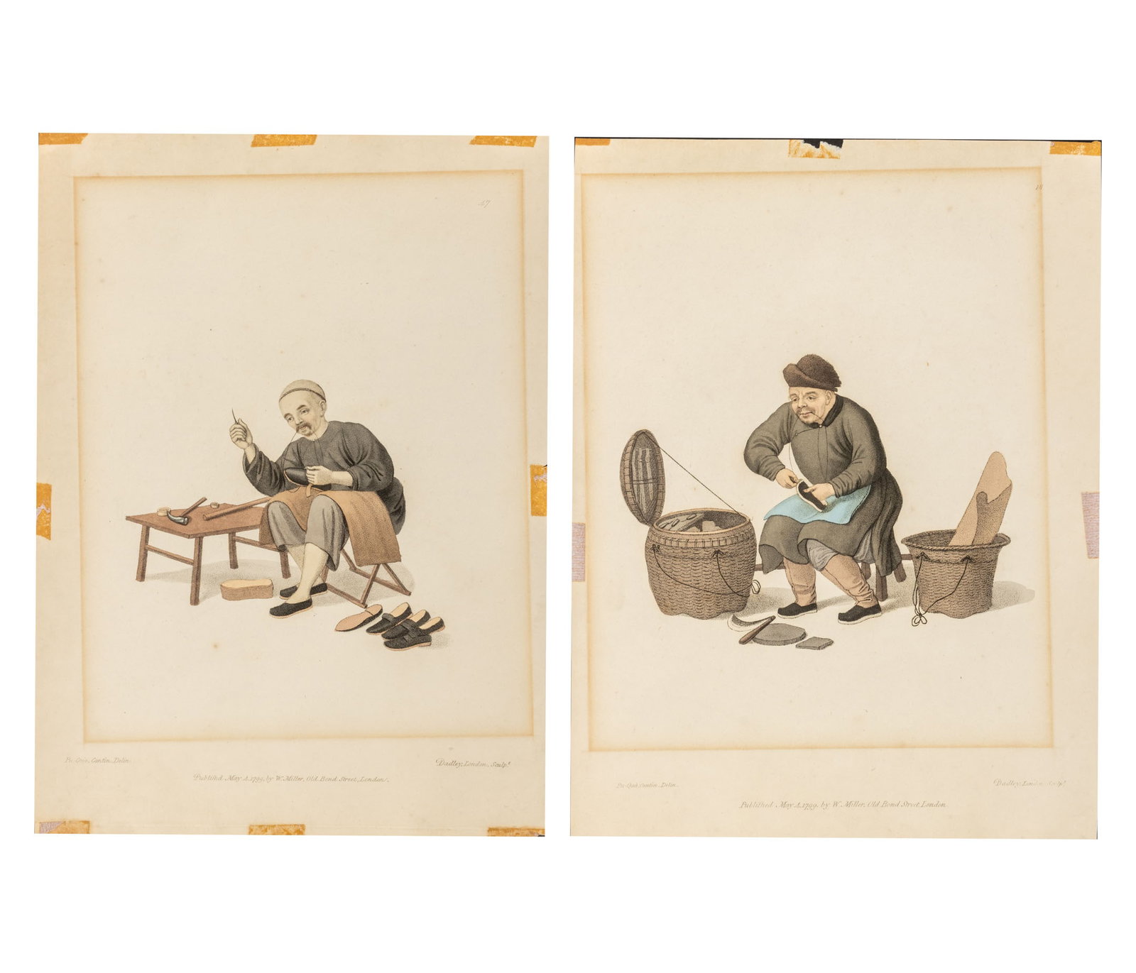 Hand-Colored Plates from "The Costume of China", 2: Illus.: Pua Qua (Chinese, XX-XXI), no. 18 and 47 from the "The Costume of China: Illustrated by Sixty Engravings", Mason, George Henry, London: W. Miller, 1799. Larger: 13.75" L x 10" W. Provenance: F
