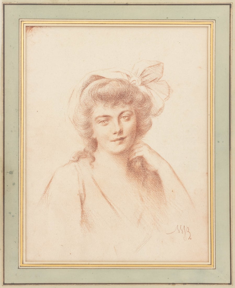 Marie Genevieve Bouliard Attr. Portrait of a Lady: Marie Genevieve Bouliard (French, 1772-1819) Attributed, Portrait of a Lady with Curls, Red Chalk on Paper, initialed "WJB", marked "WD Lot 4" and label "23" to reverse, giltwood frame. Image: 12.25" 