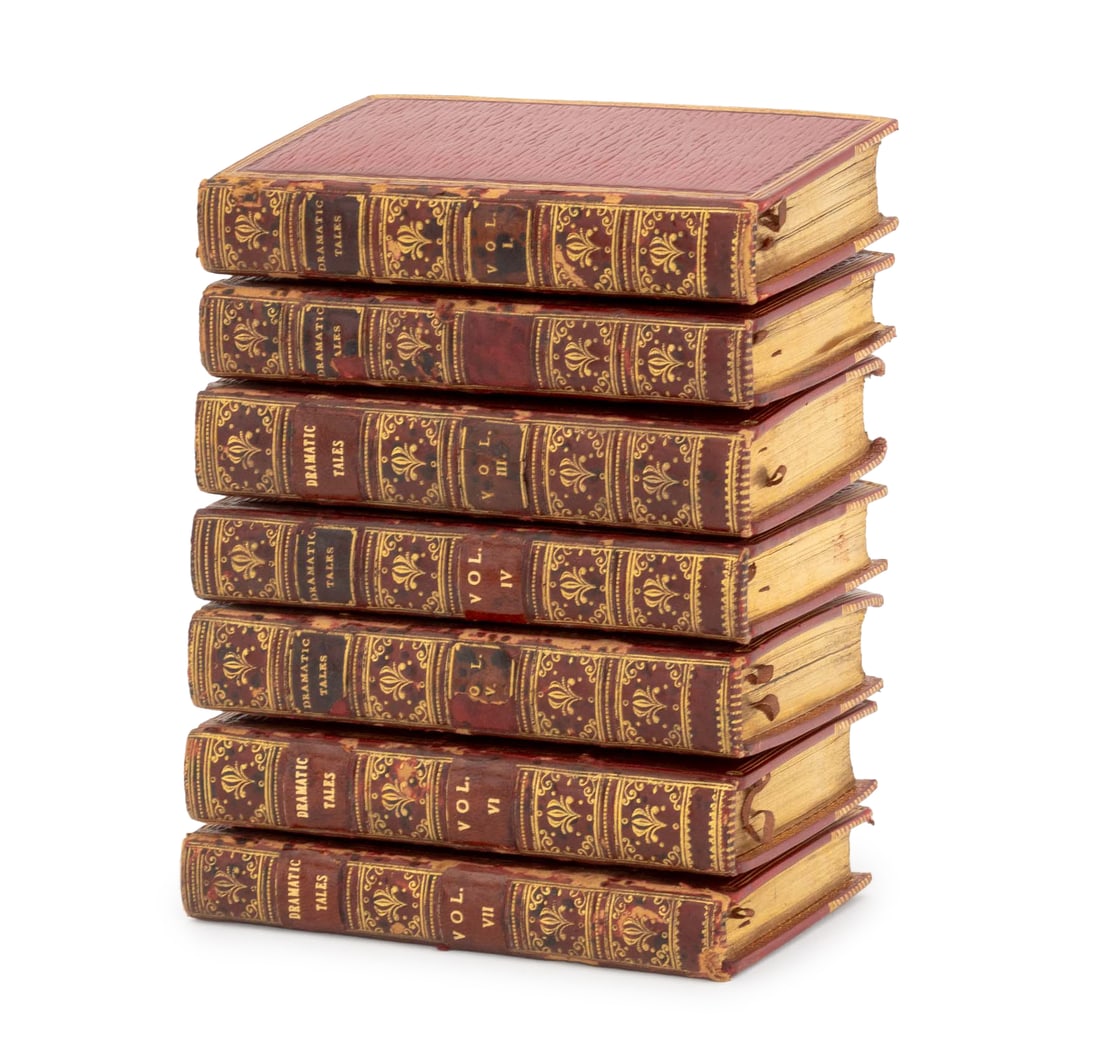 Duncombe's Miniature Library "Dramatic Tales", 7: "Dramatic Tales and Romances", London: John Duncombe, n.d., volume I-VII, each volume includes hand-colored folding frontispiece. Each: 4.5" H x 2.75" W x 0.75" D. Provenance: The Estate of David H. M