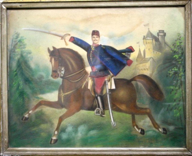 Folk Art Militaria Pastel Painting of a General: Folk Art Militaria Pastel Painting of a General on Horseback with sword and in full regalia. Castle in the background. Extremely light signature on the back unreadable. Some water damage, and consider