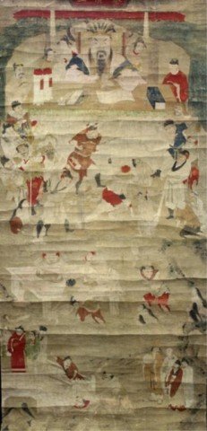 "King of Hell" Unmounted Buddhist Painting on Silk: An unmounted Buddhist scroll painting with figural scene "King of Hell", ink and color on silk; marked. Dimensions: 69" L x 32" W