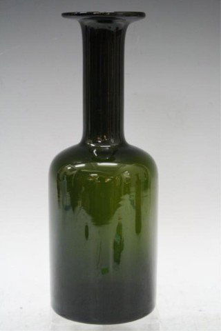 Danish Holmegaard Dark Green Glass Vase: A dark green glass gulvase by Holmegaard, Denmark; unmarked. Dimensions: 10" H x 3-3/4" diameter