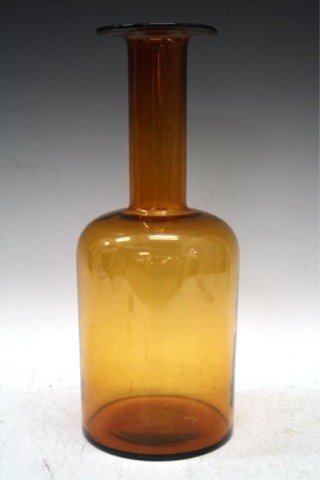 Danish Holmegaard Large Amber Glass Vase: An amber glass vase by Holmegaard, Denmark; unmarked. Dimensions: 14-1/2" H x 5-1/2" diameter