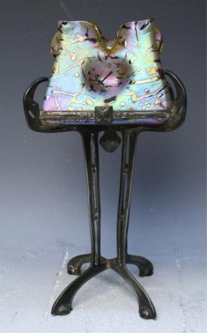 Austrian Loetz Art Nouveau Glass Vase on Stand: Square gold art nouveau glass vase with purple details one metal stand, Loetz, Austrian; unmarked. Dimensions: 11"H x 5-1/2"W x 5-1/2"D