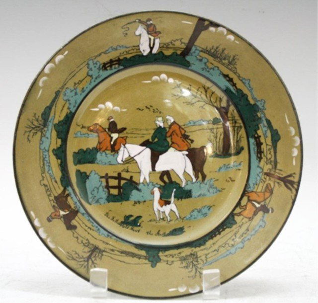 American Buffalo Pottery Plate: Deldare ware underglaze plate with hunting scene "The Fallowfield Hunt- The Start" from Buffalo Pottery, United States, 1909; marked. Dimensions: 9-1/2" D