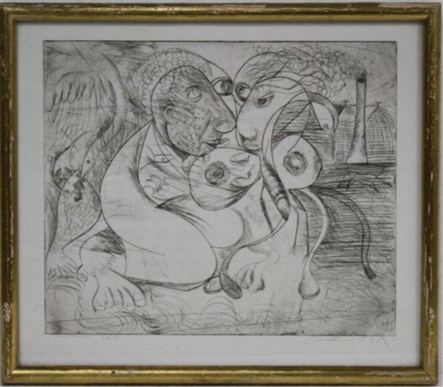 Cubist Style Untitled Print: Untitled sketch by unknown artist; illegible signature by artist on lower right, numbered "25". Dimensions: Image with frame; 12-3/4”H x 14”3/-4”W x 1”Depth; Image: 10”H x 11-3/4” W
