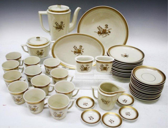 48 pc. Danish Royal Copenhagen Dinnerware for 12: A Royal Copenhagen forty-eight piece dinnerware set for twelve with gold clover and dandelion pattern, gilt rim : twelve dessert plates, twelve saucers, twelve cups, five miniature plates, one pitcher