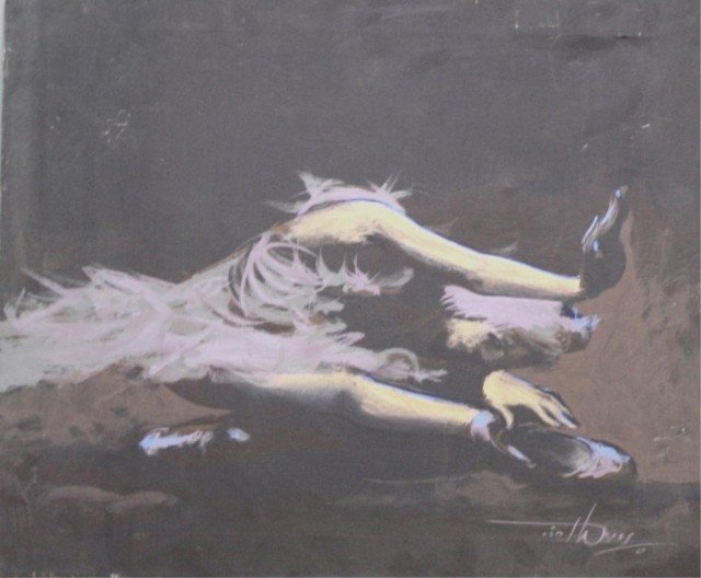 Ted Weiss Nocturnal Ballerina Oil on Canvas: Ted Weiss oil on canvas slightly abstract painting of a ballerina, signed and dated 27. Dimensions: 20-1/2" L x 24" W.