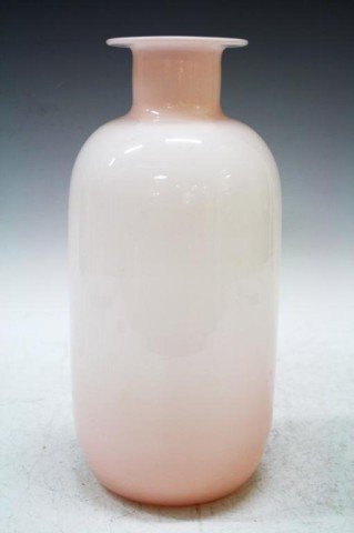 Danish Holmegaard Opaque Light Pink Vase: An opaque, milky white-light pink gradient glass vase, Denmark; unmarked. Dimensions: 11-1/2" H x 5-1/2" diameter