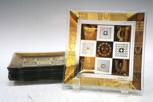 8 Georges Briard Modernist Glass Gilt Sun Plates: A set of eight Georges Briard textured glass and gilt plates with sun, wreath, harp, and column design, 1950s-1960s; signed. Dimensions: Each 6" H x 6" L x 1/2" depth