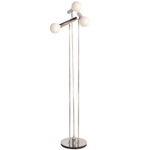 Mid Century Articulated Chrome 3 Armed Floor Lamp: Modernist chrome three light standing lamp. Each arm of this uplight floor lamps is of graduating height and adjustable for directional lighting. Lights can be used as a single, two or all three. c. 1