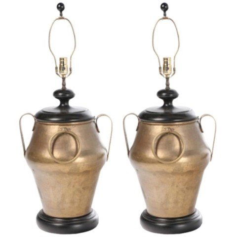 Pair of 1960s Monumental Chapman Brass Table Lamps: Pair of 1960s monumental brass urn form table lamps with ebonized bases, capitals and finials by Chapman, United States. Dimensions: Each 34" H x 12" diameter