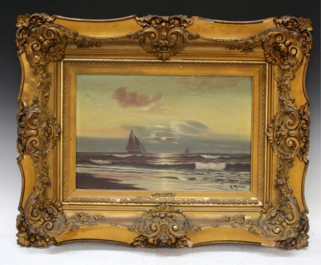 G. Moran "Sunset" Sailboats Seascape Painting: A framed oil on canvas seascape painting of sailboats, "Sunset"; signed "G. Moran" lower right. Dimensions: with frame 23" L x 28" W; exposed canvas 12" L x 18" W
