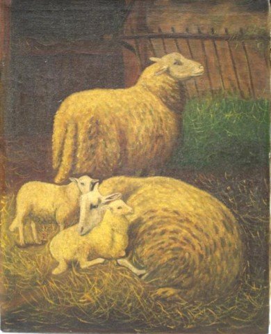 Oil on Mattress Cloth Painting poss. 19th Century: An oil on mattress cloth painting of a family of sheep in a barn, possibly late nineteenth century; unsigned. Provenance: Antique store, upstate New York. Dimensions: 20" L x 16" W