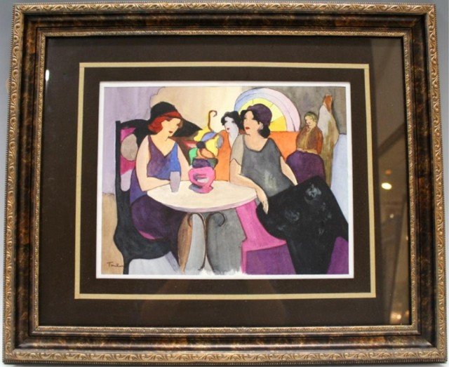 Itzchak Tarkay Ink & Watercolor Women at Cafe: Itzchak Tarkay (1935-2012), Israeli artist, ink and watercolor, women at cafe; signed. Dimensions: Image 10" L x 12-3/4" W; With frame 19-1/2" L x 24" W