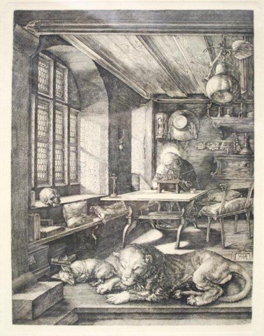 After Dürer Saint Jerome in His Study Engraving: A framed engraving of Saint Jerome translating scriptures in his study with traditional iconography: lion, skull, hourglass, and cardinal's hat on the wall behind him, after Albrecht Dürer; Signed in