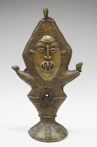 African Bakota Tribe Bronze Statue 19th Century: A bronze statue of a figure with sharp teeth and a headdress, Bakota tribe, Africa, nineteenth century; unmarked. Dimensions: 18-1/2" H x 9-1/2" L x 5-1/2" W