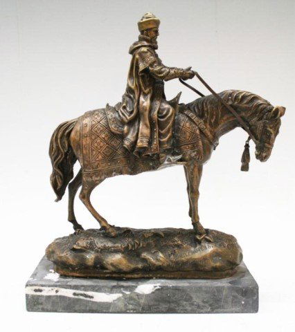 After Grachev Russian Bronze, Ivan the Terrible: Tzar Ivan Grozny, Ivan the Terrible, Russian bronze on marble base, bell on horse dangles, after Grachev; marked. Dimensions: with stand 13" H x 10" L x 4-1/2" W