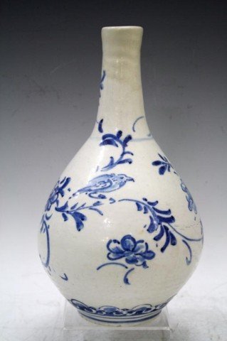 Antique Korean Blue & White Porcelain Bottle Vase: A Punwon blue and white porcelain bottle vase with butterfly, bird, and flower motif, Korea; unmarked. Dimensions: 10" H x 6" diameter