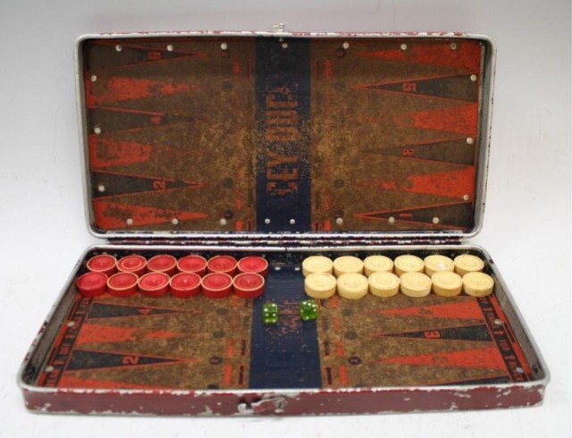 Backgammon w/ Ivory & Stone Pieces: A vintage backgammon set with twenty four ivory pieces and stone dice, board doubles as case; unmarked. Dimensions: Board when closed up 2" H x 15-1/2" L x 7-1/2" W; Piece 1/8" diameter x 3/8" thick