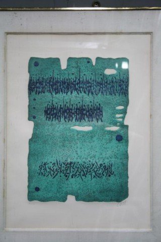 Israeli Moshe Castel Green Lithograph 33/100: Orignal lithograph by Israeli Moshe Castel, signed and numbered 33/100. There is a quote from the Bible on the reverse possibly part of a series with the Red Figure lithograph & Red Sun lithograph. Di