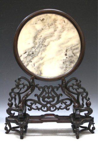 Chinese Wood Table Screen w/ Dream Stone: Carved wooden table screen with round dream stone, China; unmarked. Dimensions: 20"H x 15"W x 6"D; dream stone: 11-1/2" diameter