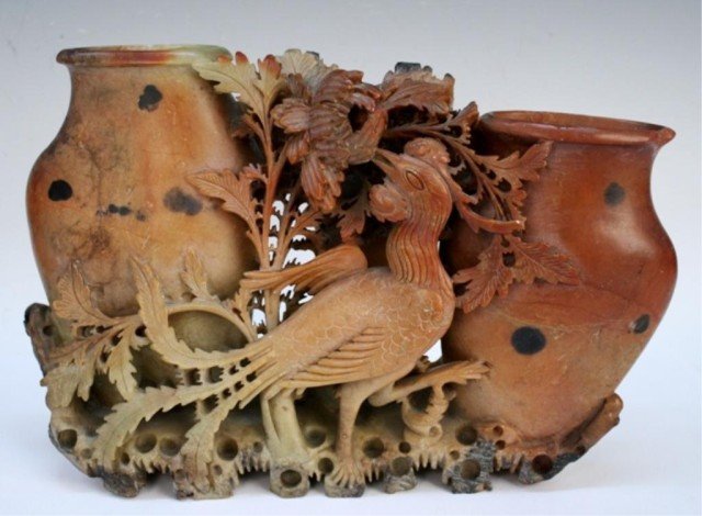 Carved Soapstone Vases with Phoenix and Flower: Carved Soapstone vases with phoenix and flower, probably Chinese; unmarked. Dimensions: 7-1/8"H x 10-3/4"W