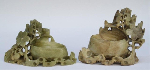 Pair of Floral Soapstone Bowl Carvings: Pair of floral soapstone carvings around small bowls, possibly Chinese; unmarked. Dimensions: first 2-1/2"H x 4-1/4"W; second 3"H x 3-3/4"W