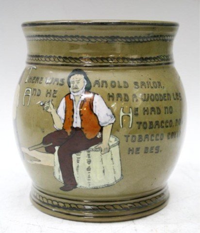 American Buffalo Pottery Tobacco Humidor: Tobacco humidor with old sailor motif from Buffalo Pottery, United States; marked. Dimensions: 6" H x 5" D