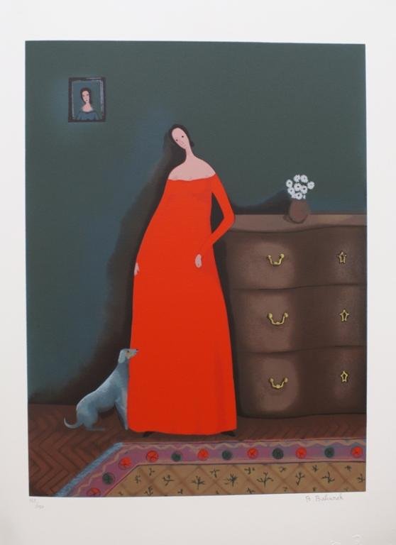 Croatian Bahunek Woman in Red Screenprint: A screen print of a woman in red dress with a dog, Croatian artist Branko Bahunek (1935 - 2005); signed and numbered 155 out of 190. Dimensions: Image 22" L x 16-1/2" W; Sheet 28" L x 20-1/2" W