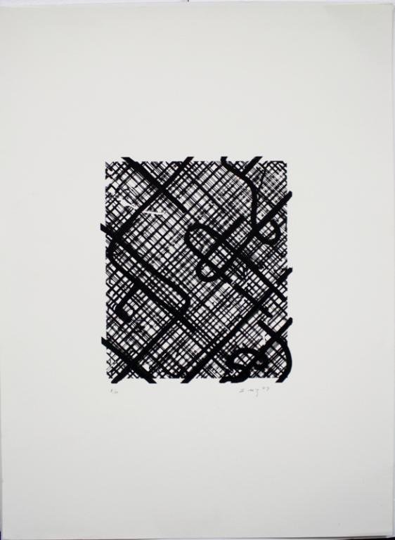 Ed Moses Lithograph, d. '89, 8/50: Ed Moses, attached to matte back; signed and dated '89, 8/50. Dimensions: Image area 13"L x 11"W; overall 30"L x 22"W