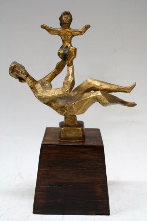 Chaim Gross Bronze Sculpture "Mother and Child": A bronze sculpture "Mother and Child" on veneer wood base by Austrian born American sculptor Chaim Gross, 1950; signed, edition of 250+. Dimensions: bronze 6-5/8" H x 7" L x 2-1/2" W