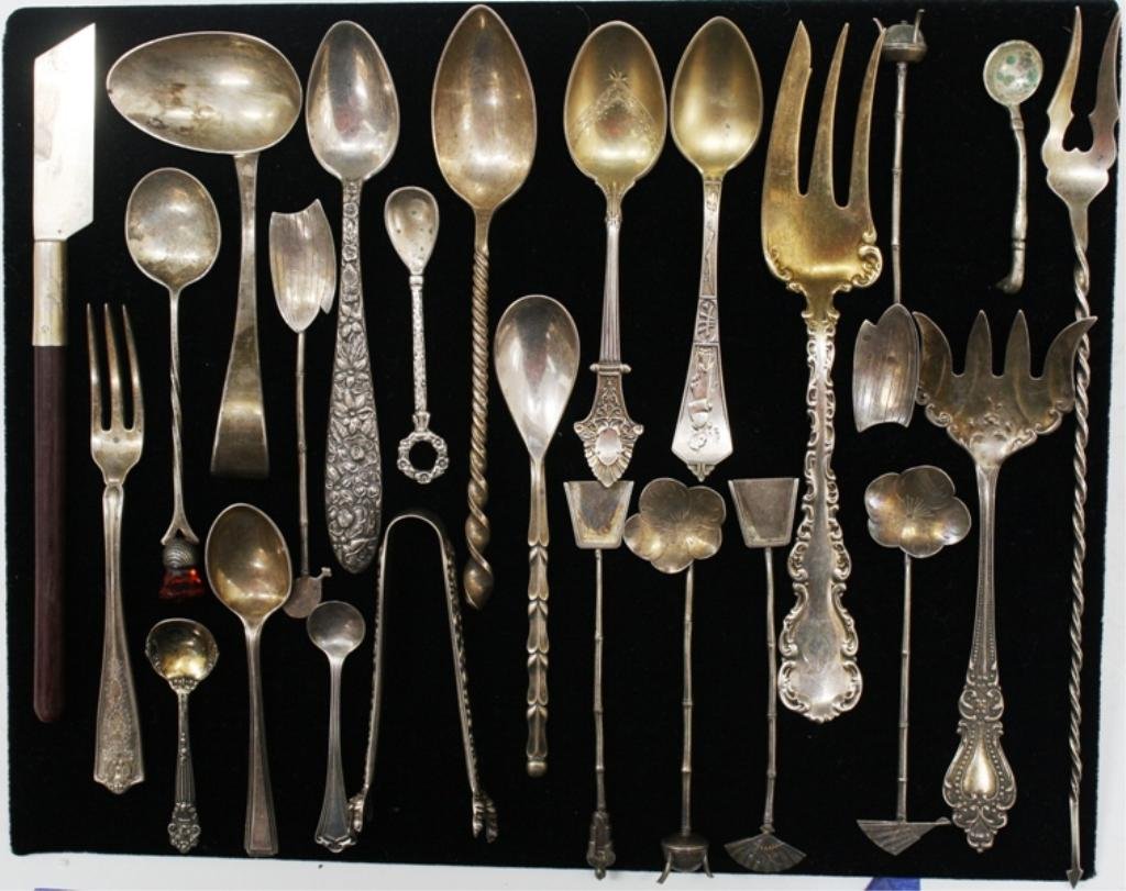 Lot of 24 Sterling & .800 Silver Spoons, Forks, Knife: Twenty-four pieces of sterling and .800 silver spoons, forks, and one wooden handled blade; two are marked "800". Weight and dimensions: 255 grams, longest piece 8" L