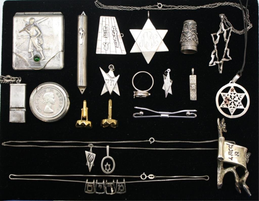 Lot of 20 Sterling Silver Judaica & Misc. Pieces: A lot of twenty assorted sterling silver Judaica and miscellaneous pieces: thimbles, cases, necklaces, a ring, pendants, and more. Weight and dimensions: 200 grams; 1-1/4" L - 3-1/2" L