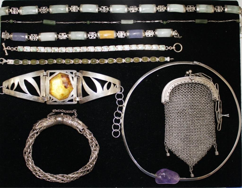 Lot of 9 Sterling, Jade, Chain Mail Bag: A lot of nine: two jade necklaces, two jade bracelets, one Pianegonda choker with purple stone that looks like a later addition, a chain link dragon bracelet, a bracelet with amber colored stone, a br