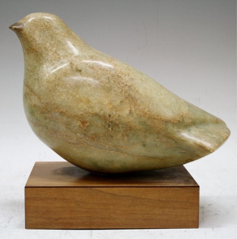 Marble Carved Bird Sculpture on Stand: A carved marble sculpture of a smooth rounded bird, possibly a work by Doris Sams; unsigned. Dimensions: 10" H x 10" L x 5-1/2" W