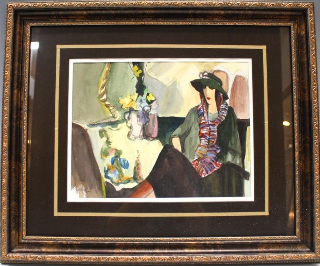 Itzchak Tarkay Ink & Watercolor Woman w/ Scarf: Itzchak Tarkay (1935-2012), Israeli artist, ink and watercolor, woman seated with striped scarf; signed. Dimensions: Image 10" L x 12-3/4" W; With frame 19-1/2" L x 24" W