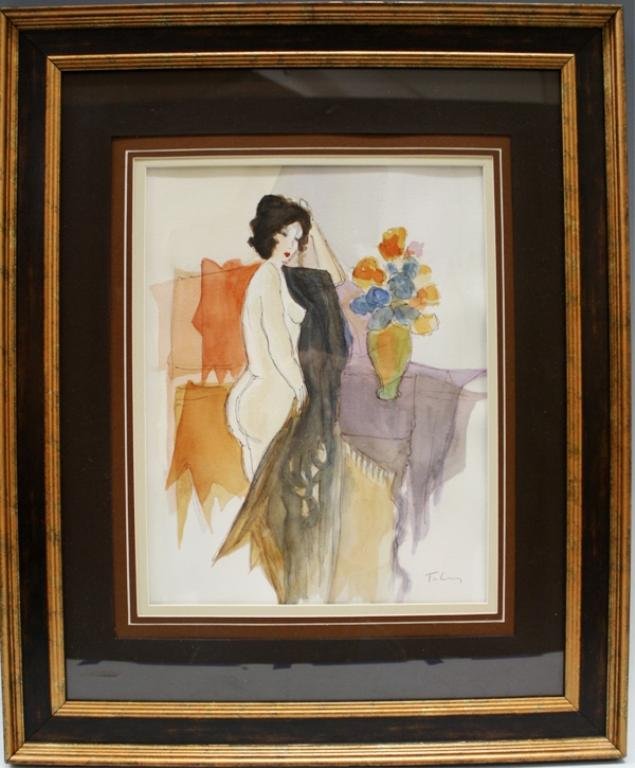 Itzchak Tarkay Ink & Watercolor Nude: Itzchak Tarkay (1935-2012), Israeli artist, ink and watercolor, nude; signed. Dimensions: Image 13-1/2" L x 11" W; With frame 24" L x 19-1/2" W