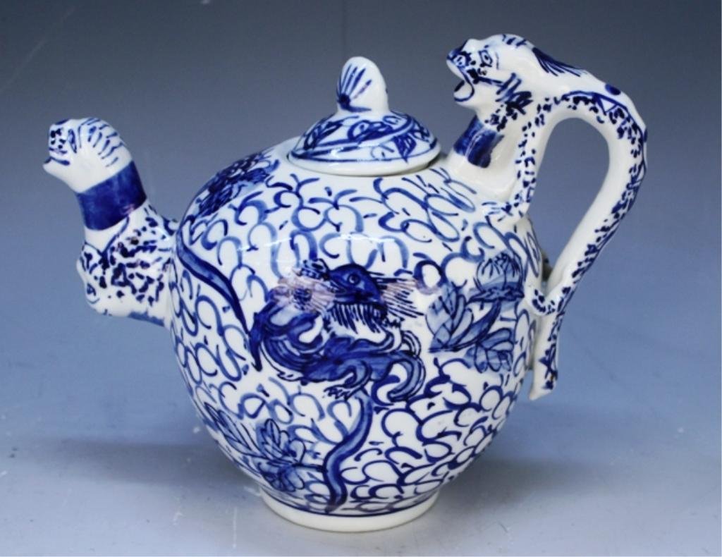 Chinese Blue & White Porcelain Teapot with Dragons