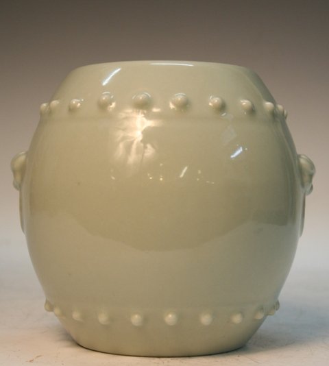 Chinese Green-Glazed Porcelain Barrel 19th C.: Green-glazed barrel with raised animal head handles and two stud-like bands, porcelain, China, Qing Dynasty under the reign of Tao Kuang (1820-1850); Tao Kuang mark on bottom. Dimensions: 6-1/2"H x 7"