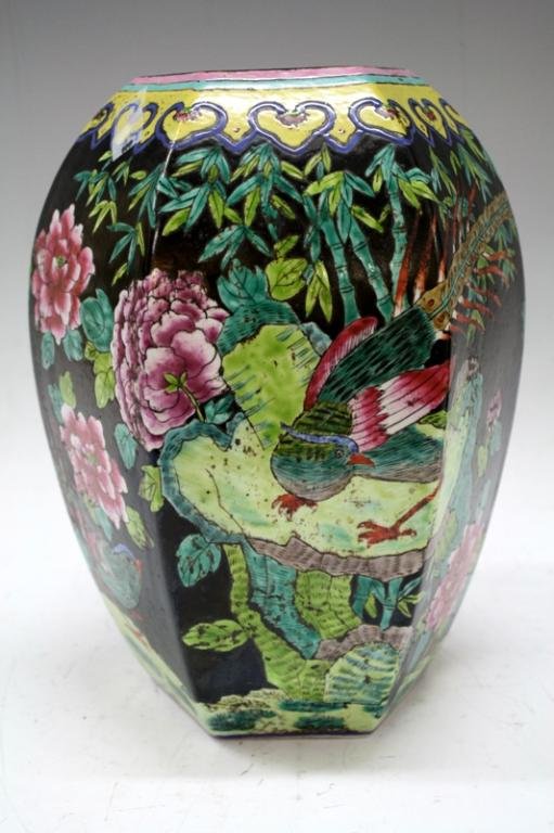 Chinese Large Famille Noire Porcelain Ginger Jar: A famille noir porcelain ginger jar vase with floral and bird motif and hexagonal form, China; marked. Dimensions: 12-1/2" H x 9-1/2" diameter