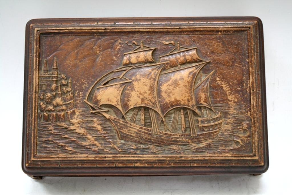 Antique Carved Wooden Hinged Box with Ship: A wooden box with relief carved ship, hinge looks new; unmarked. Dimensions: 2-1/2" H x 10" L x 6-1/2" W