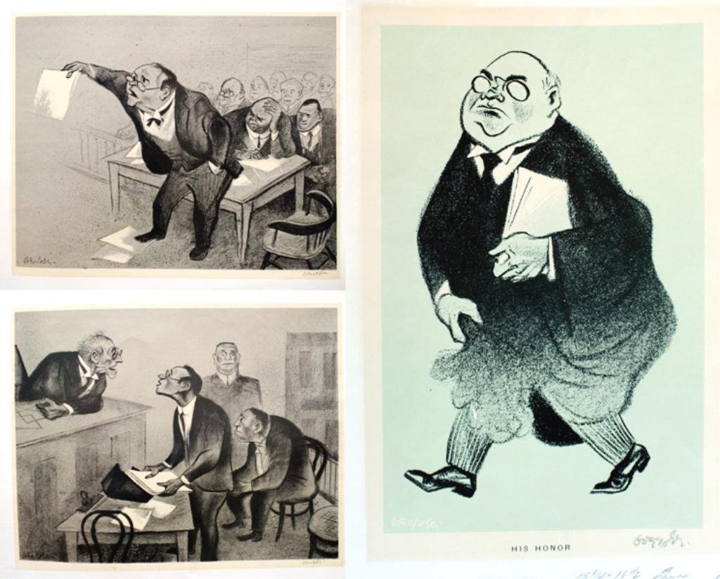 Lot of 3 William Gropper Court Scene Lithographs: Three William Gropper (American 1877-1977) lithographs; signed in pencil. Dimensions: 1) Image 14" L x 17-1/2" W; Sheet 17-1/2" L x 22-1/2" W 2) Image 14" L x 18" W; Sheet 17-1/2" L x 22-1/2" W 3) Ima
