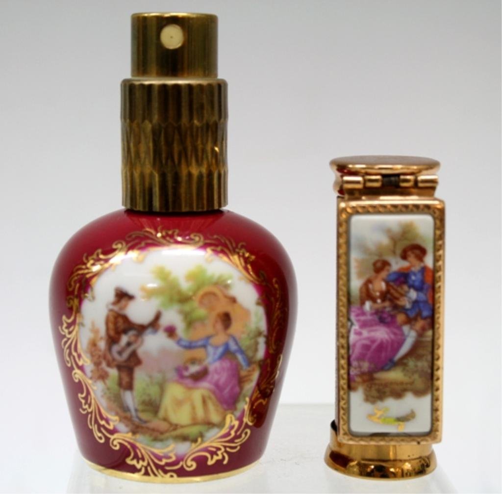 Limoges Atomizer & Lipstick Case: A lot of two, a burgundy Limoges atomizer with figural scene and a Limoges lipstick case with mirror and figural scene; both are marked. Dimensions: Lipstick case 2-1/4" L; Atomizer 3-1/4" L x 1-3/4" 